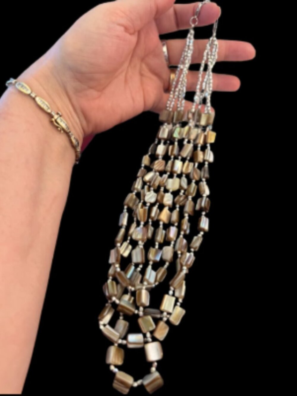 Abalone brown&cream Graduated 4 tier Necklace 18-22" length silver tone spacers